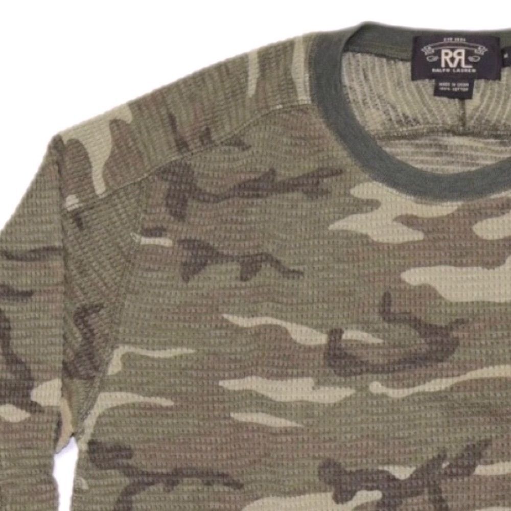 Ralph Lauren RRL Cotton Olive Camo Long Sleeve Thermal Waffle-Knit Tee Shirt - Picture 16 of 16